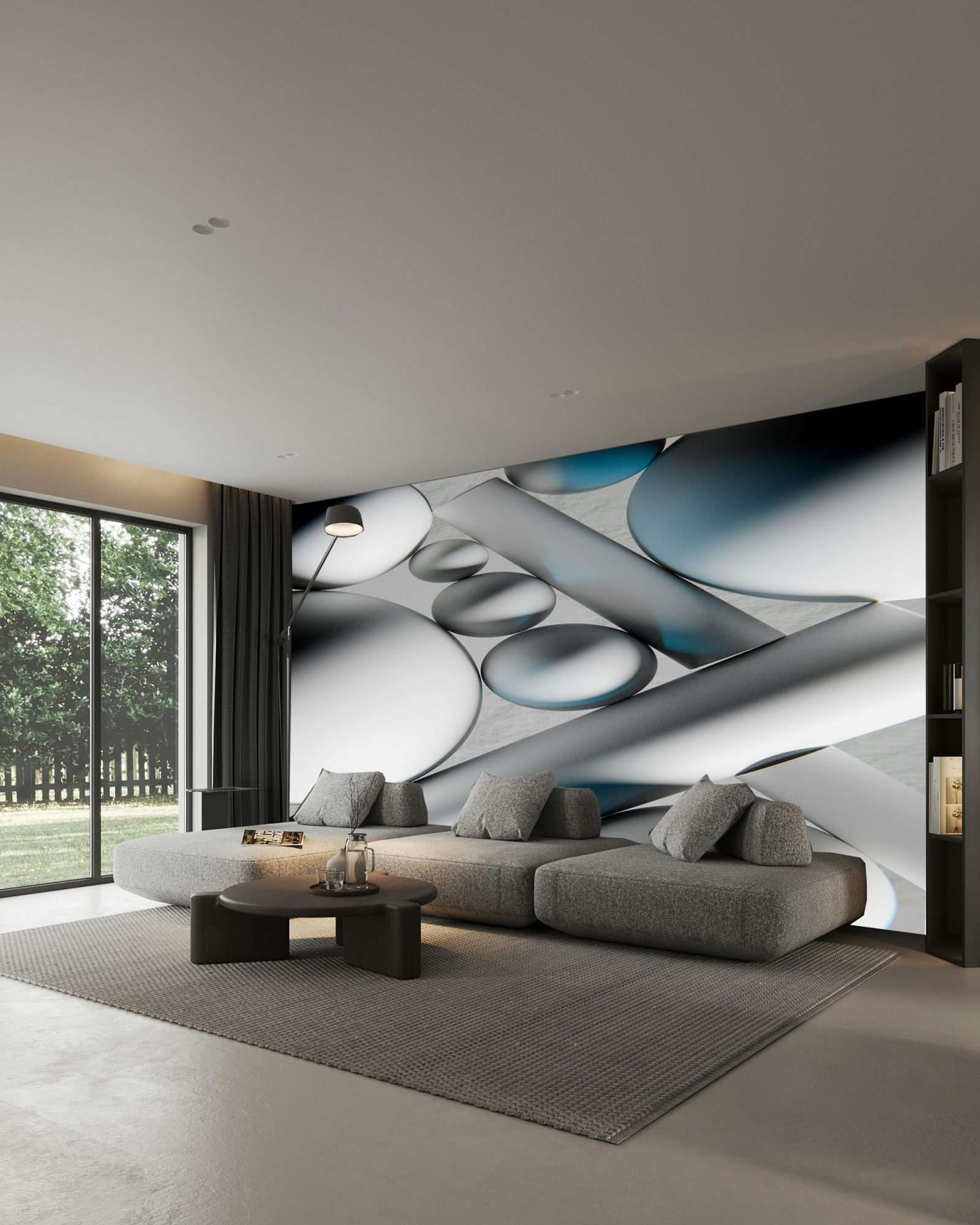 Abstracte 3D vormen in wit, grijs en blauw