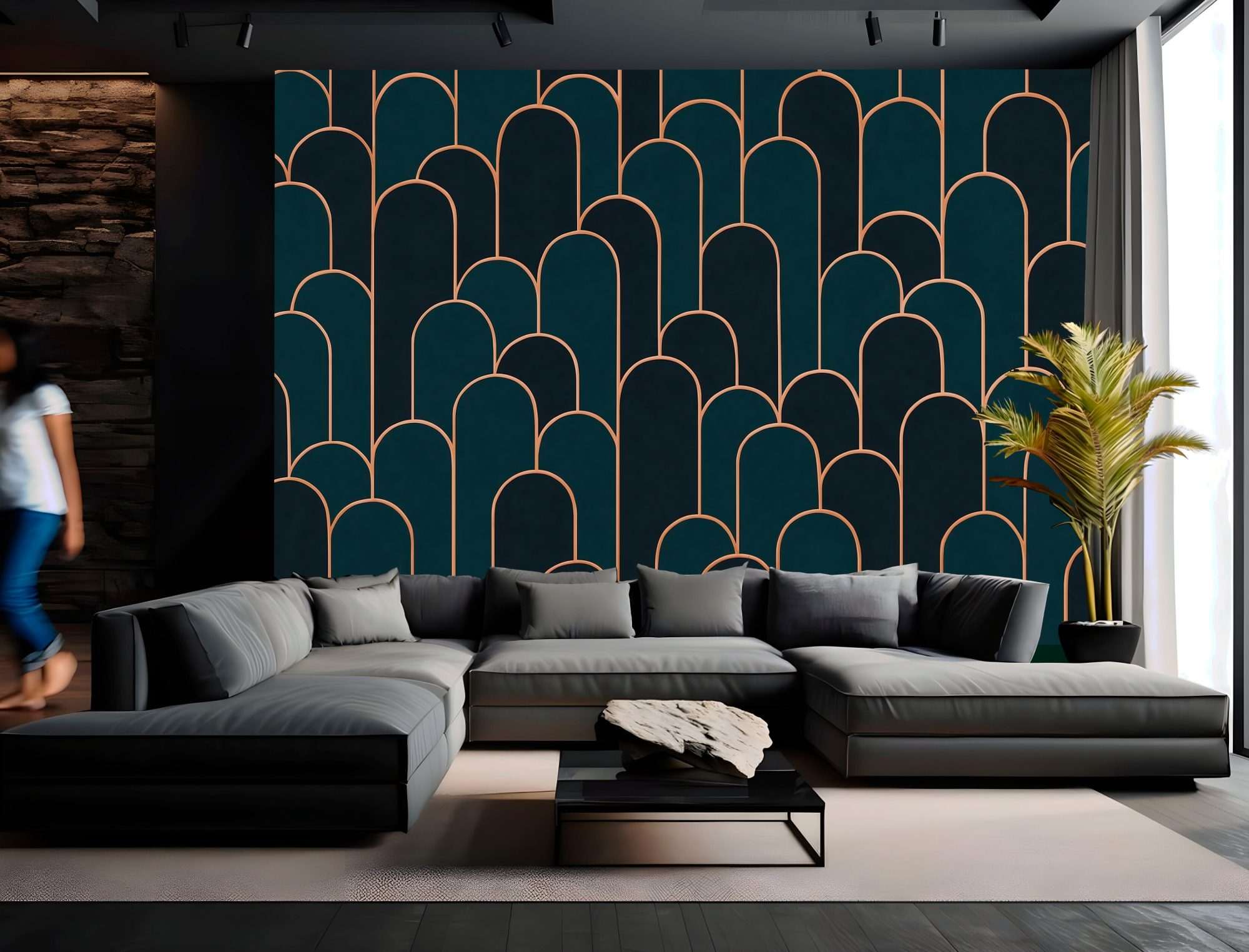 Fotobehang Donkerblauwe Boho Bogen met Gouden Lijnen