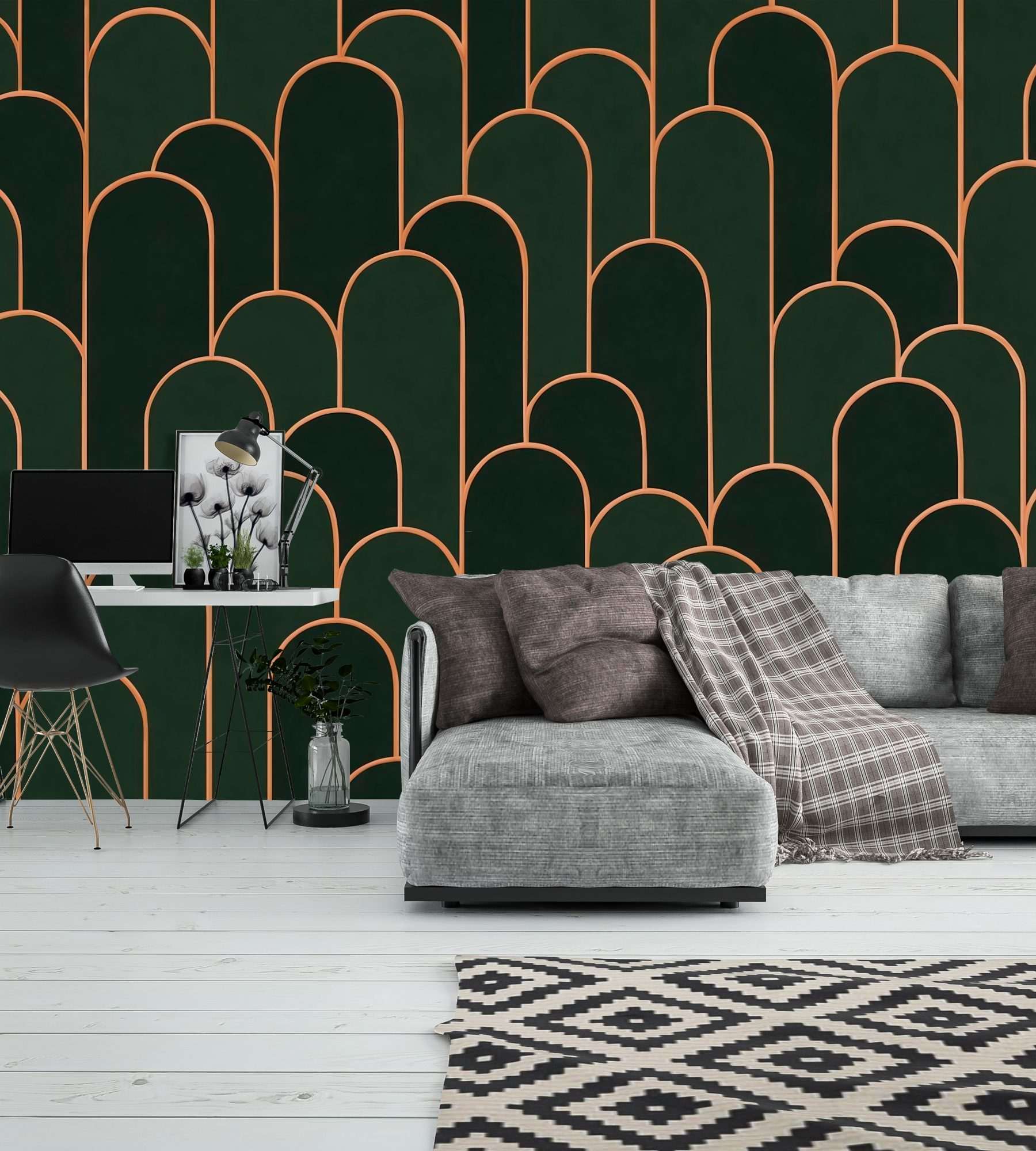 Fotobehang Donkergroene Boho Bogen met Gouden Lijnen