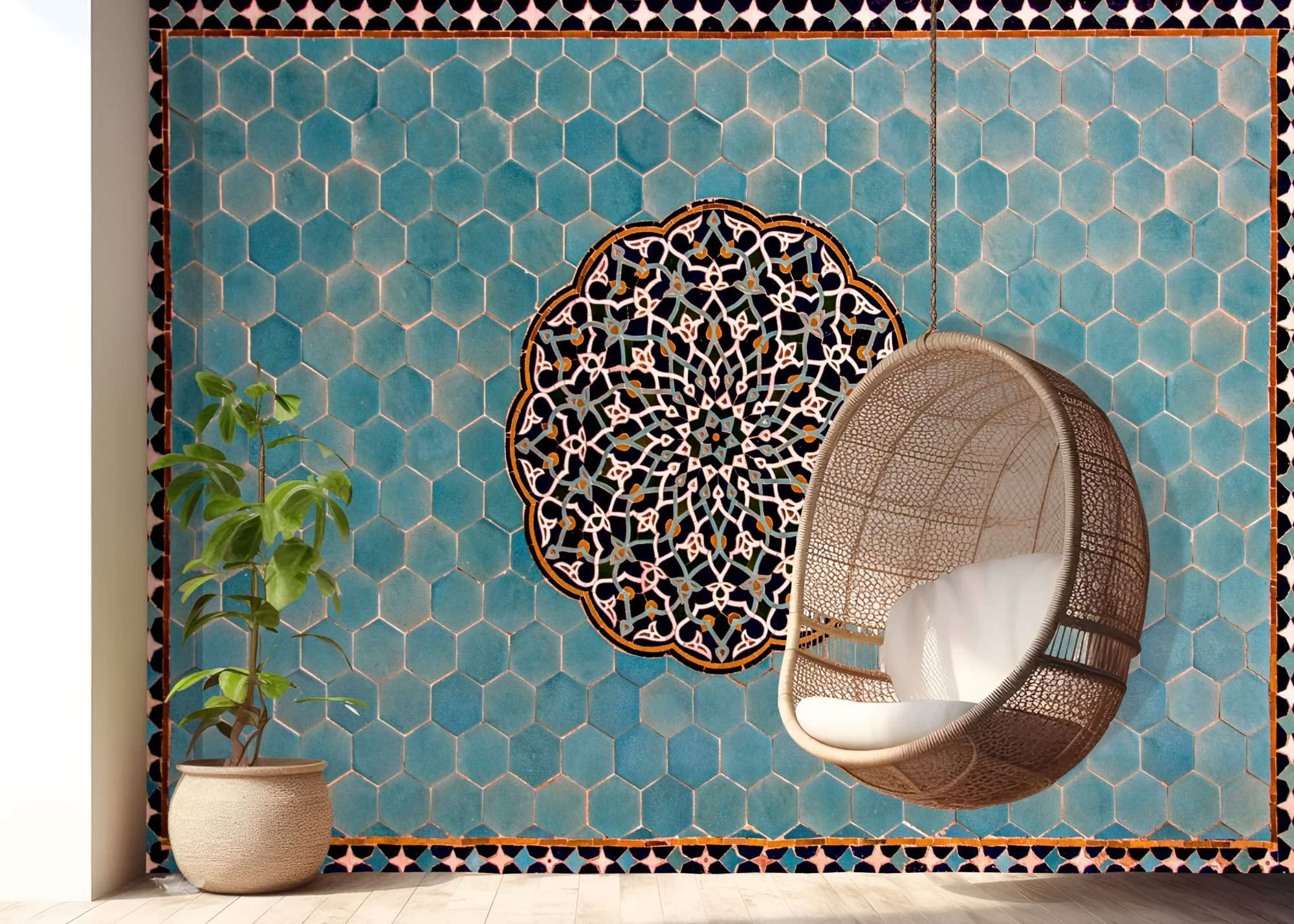 Fotobehang Oosters Blauw Mozaïek met Geometrisch Ornament