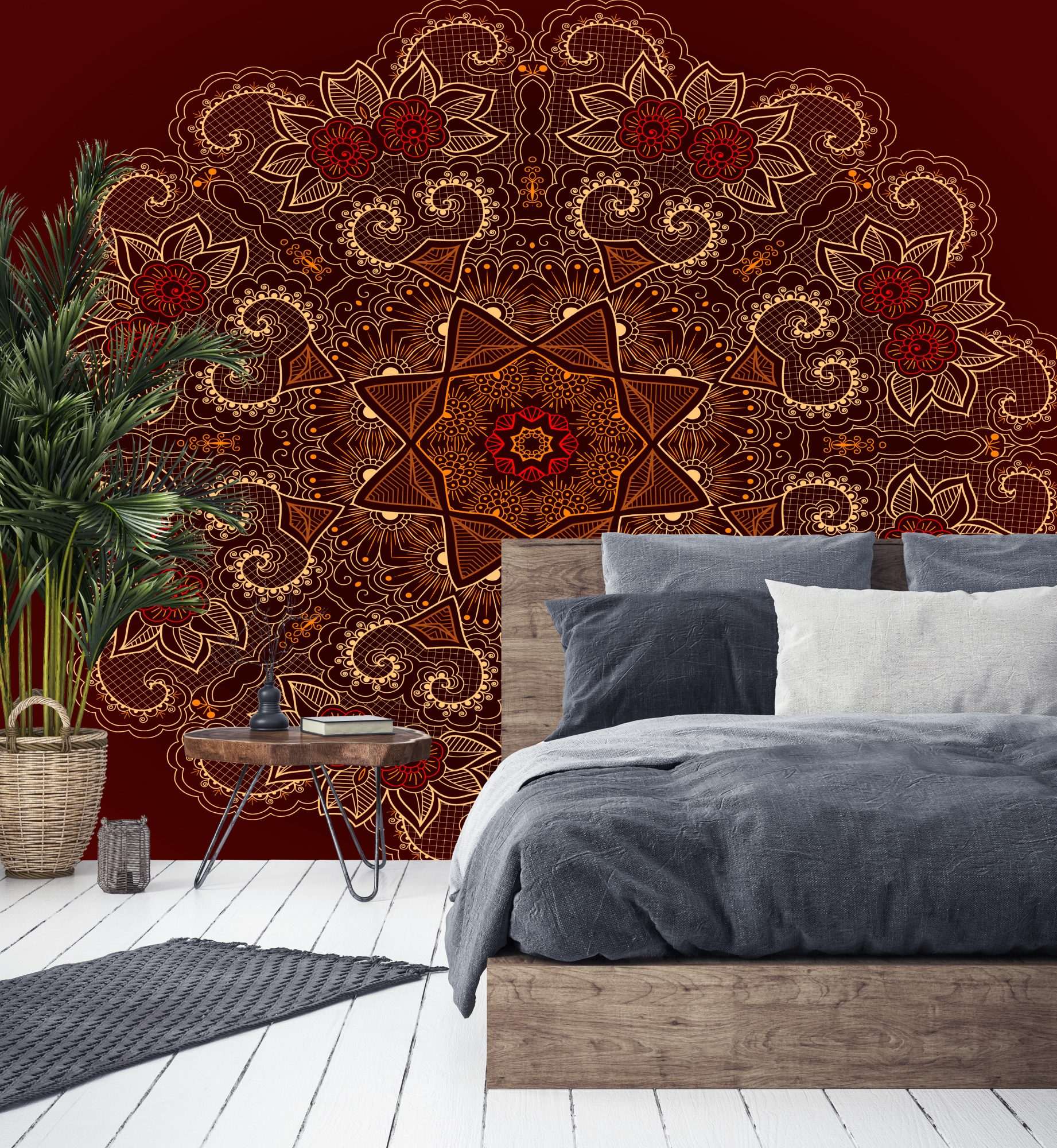 Fotobehang Rode Boho Mandala met Oosters Ornament