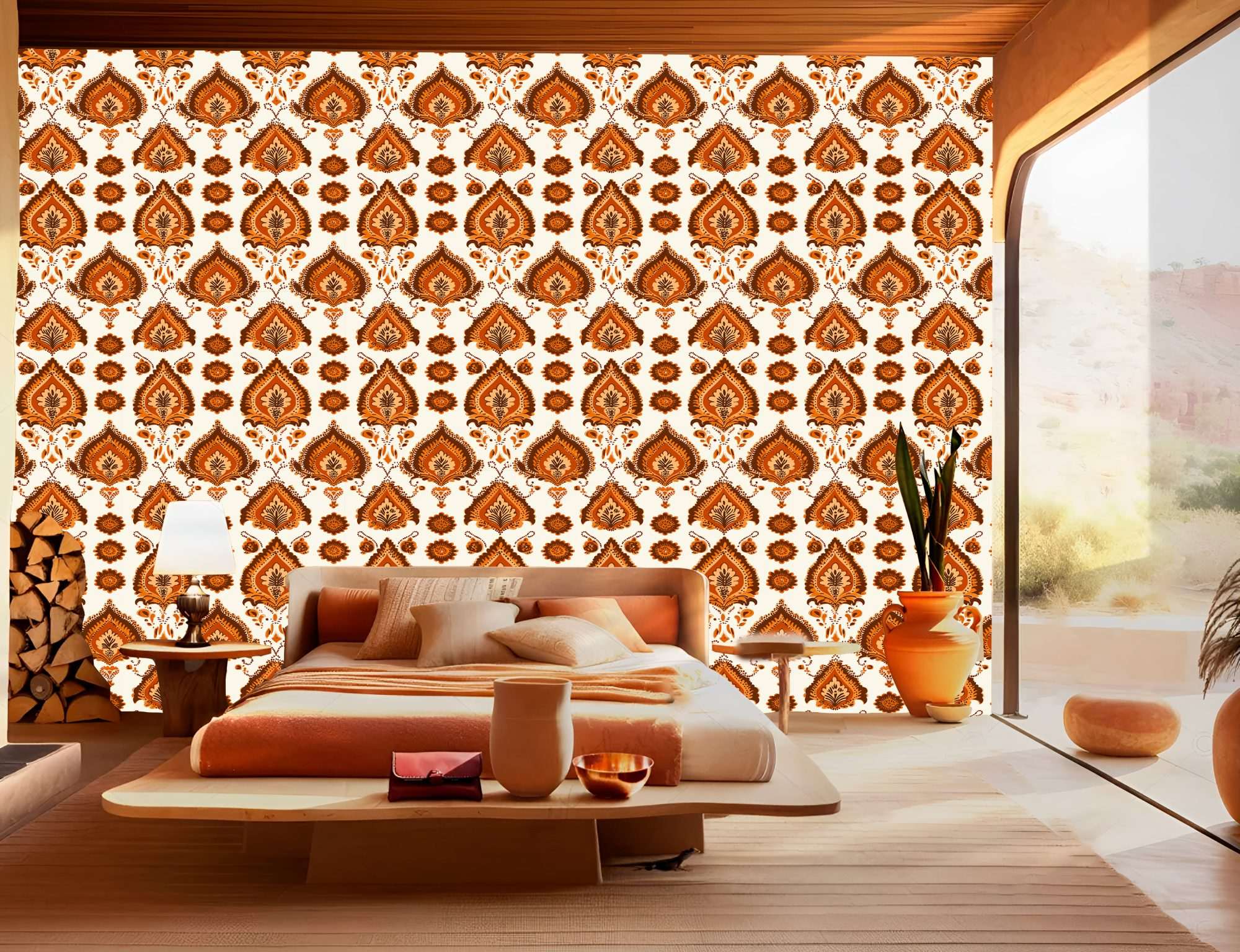 Fotobehang Indiaas Bloempatroon in Bruintinten