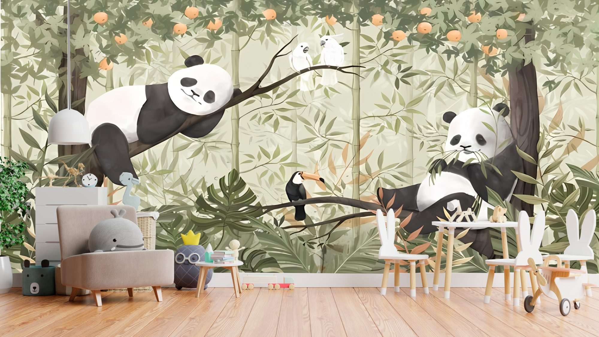 Fotobehang Kinderkamer Panda's in Bamboebos