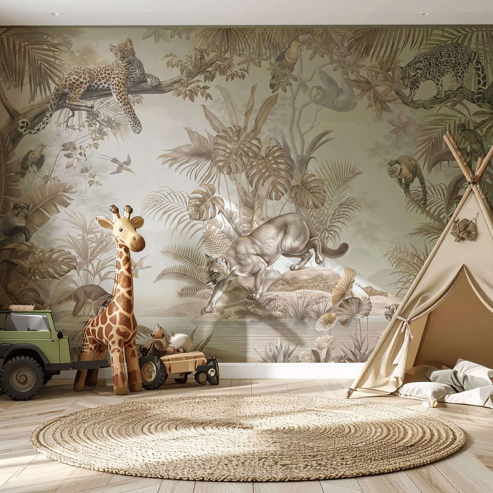 Fotobehang Kinderkamer Vintage Jungle met Wilde Dieren