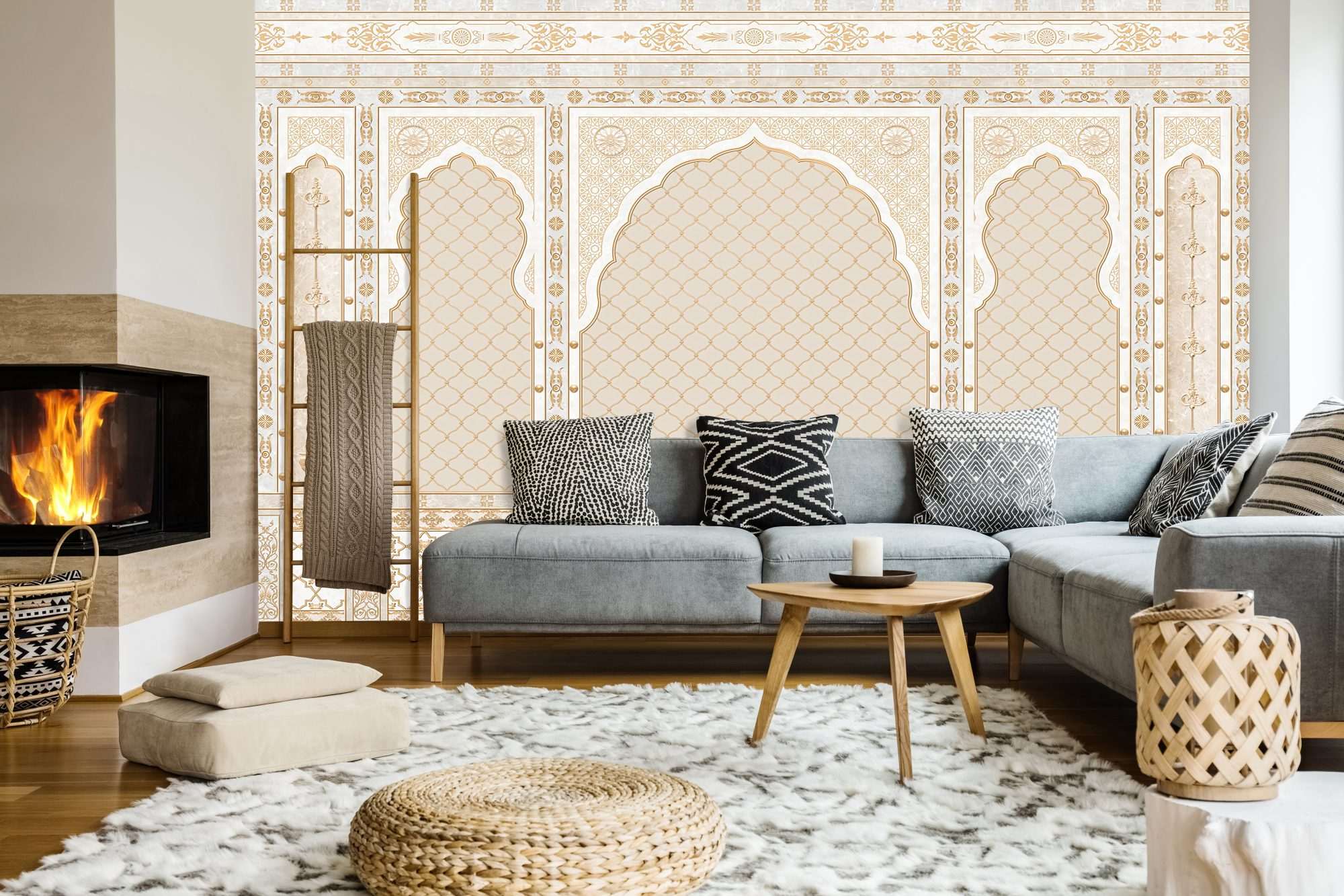 Fotobehang Luxe Moorse Wandpanelen in Goud en Ivoor