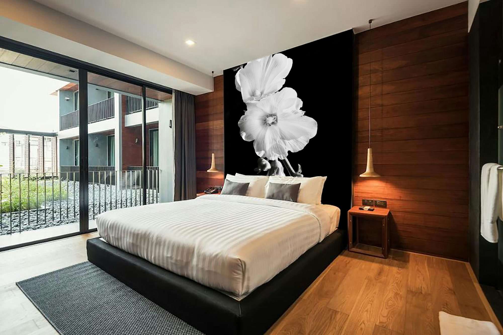 Fotobehang Witte Bloemen op Zwarte Achtergrond – Fine Art