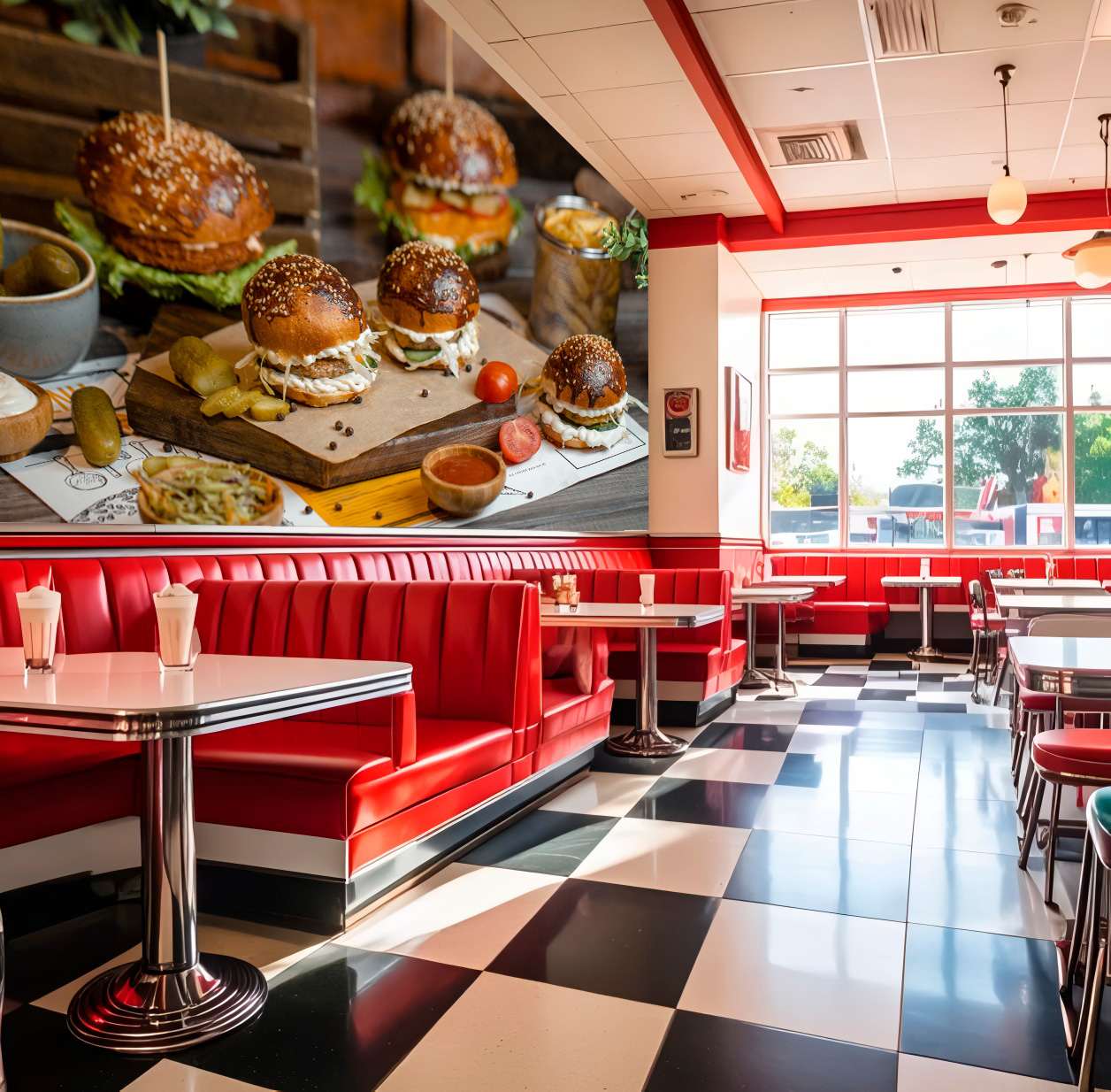 Fotobehang Ambachtelijke Mini Hamburgers op Houten Serveerplank