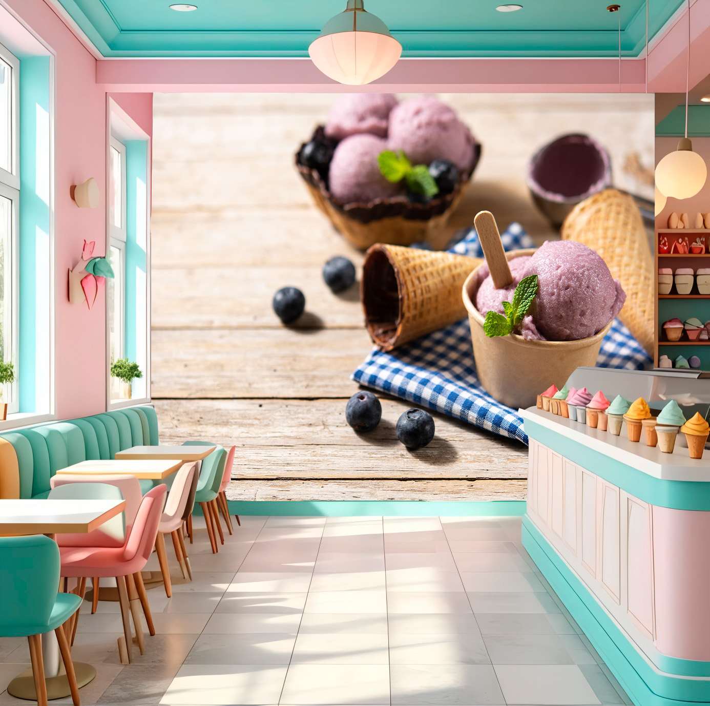 Fotobehang Bosbessenijs met Wafelhoorntjes