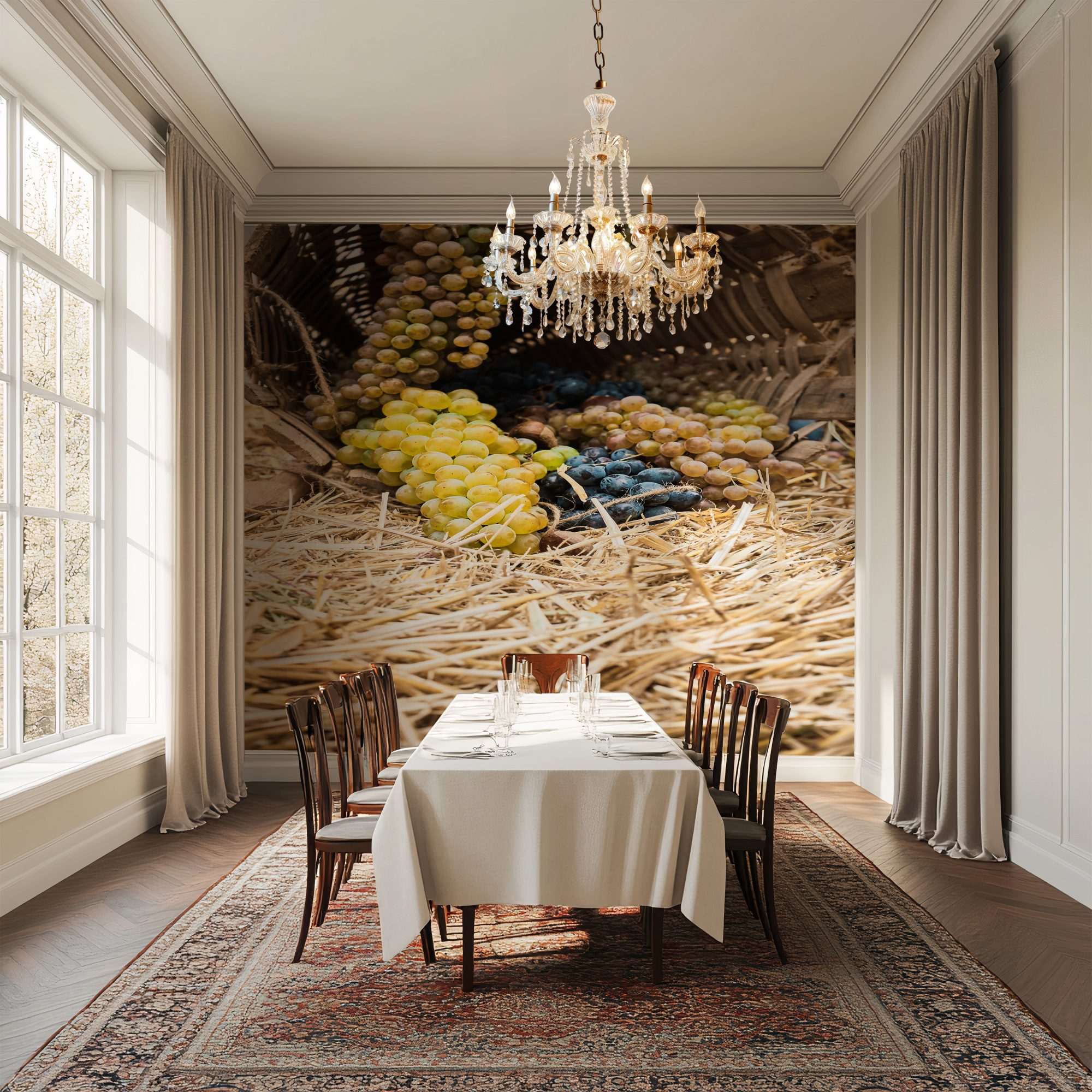 Fotobehang Druivenoogst met Witte en Blauwe Druiven