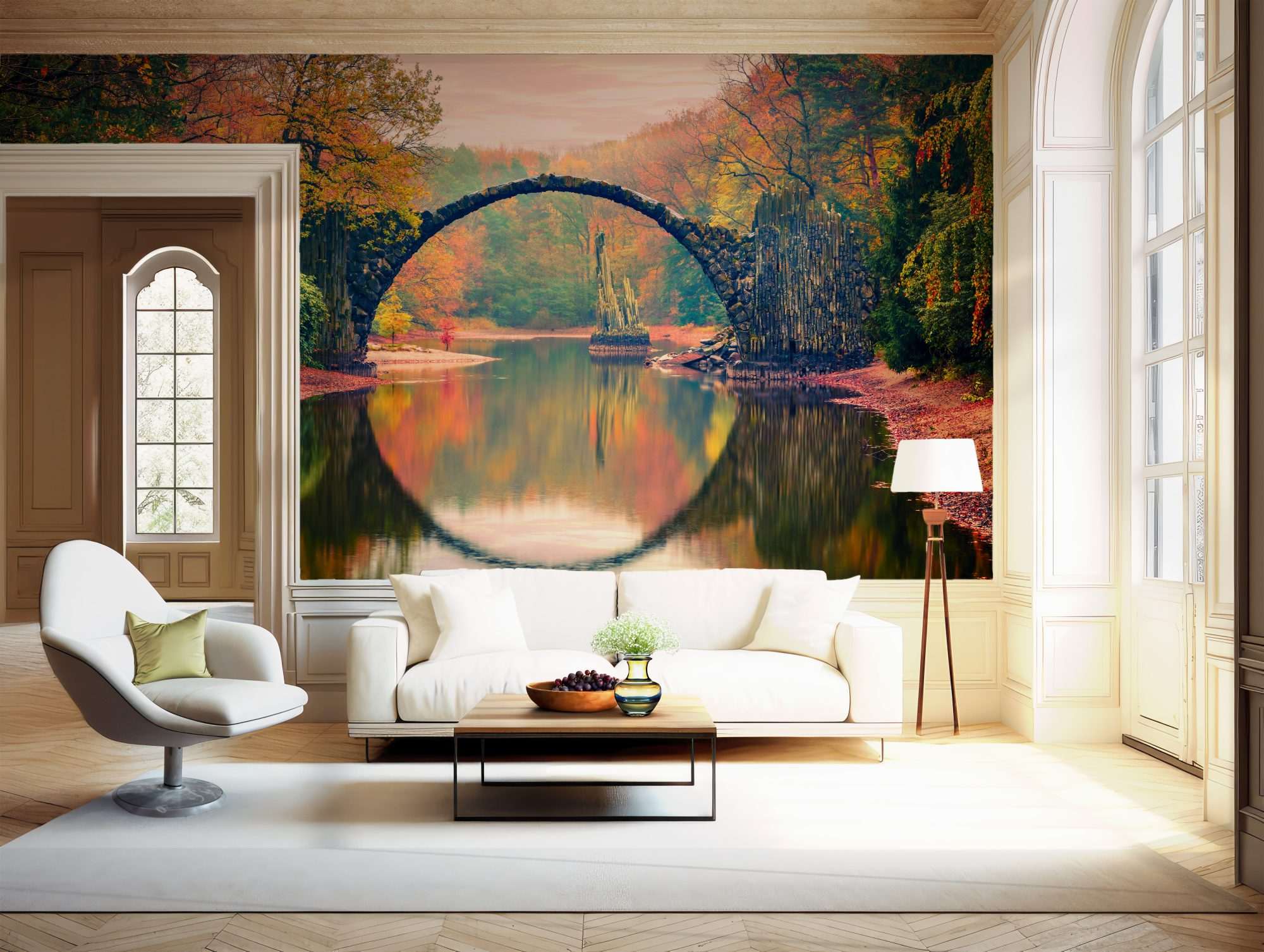 Fotobehang Stenen Boogbrug in Kleurrijk Herfstlandschap