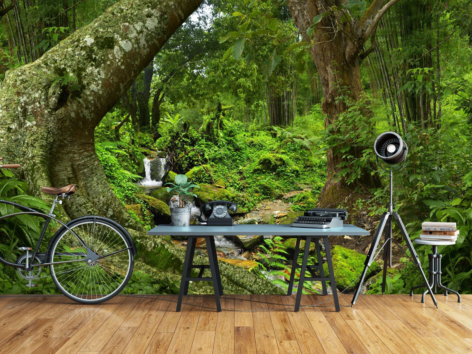 Fotobehang Tropische Bosbeek met Mosrijke Waterval