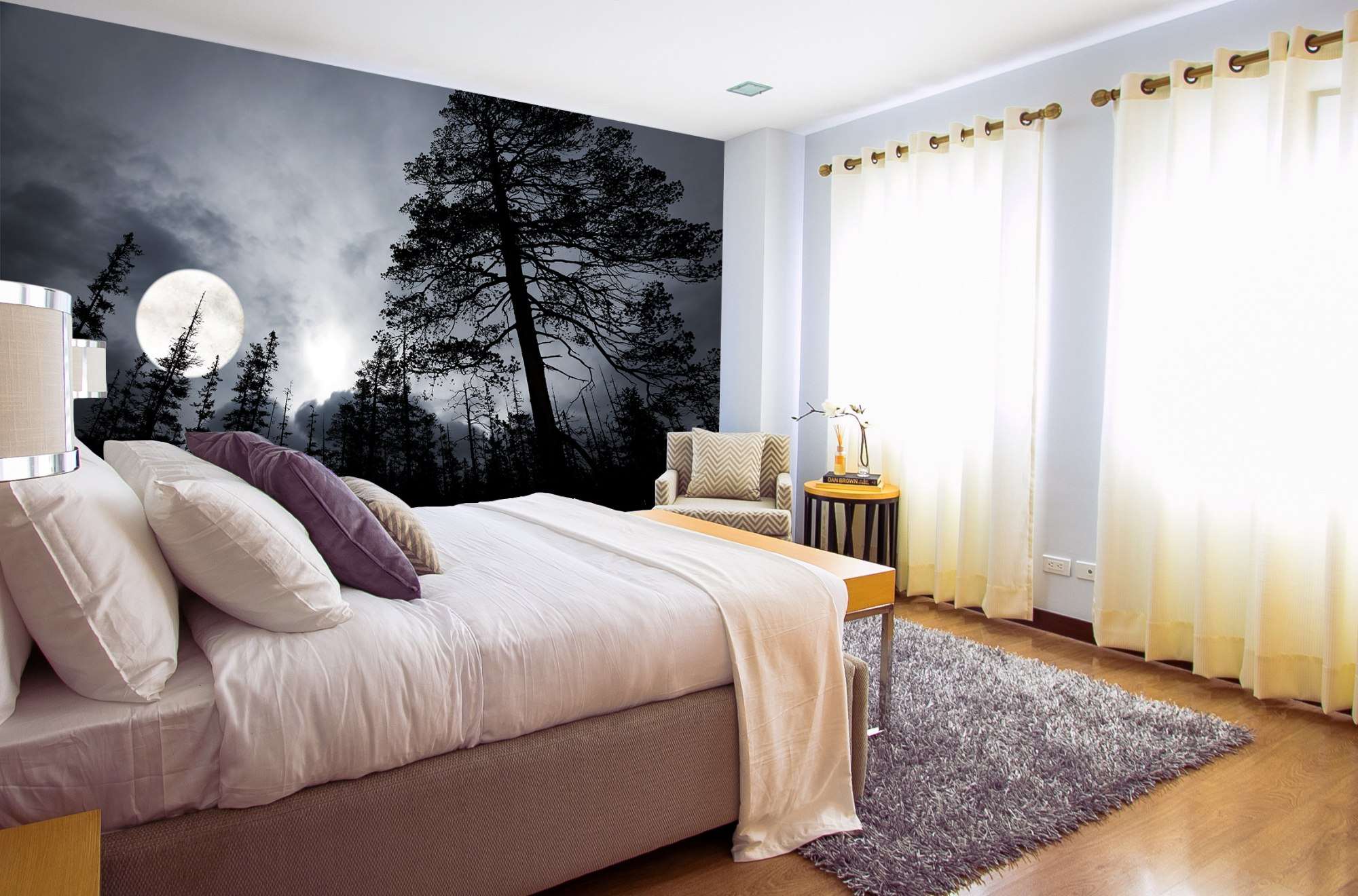 Fotobehang Mysterieus Maanlicht boven Donker Dennenbos