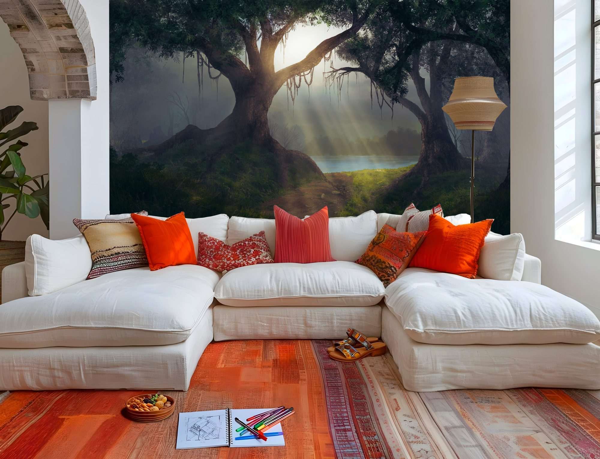Fotobehang Oude Boom met Zonnestralen in Mystiek Bos