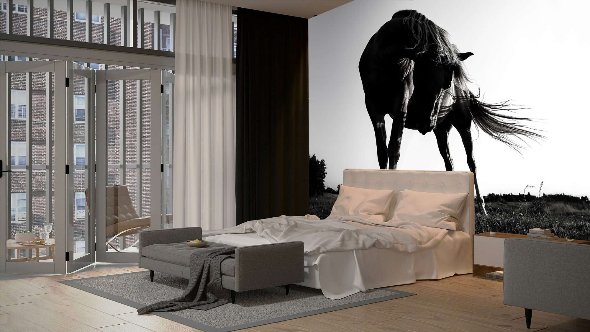 Fotobehang Silhouet van Paard in Tegenlicht