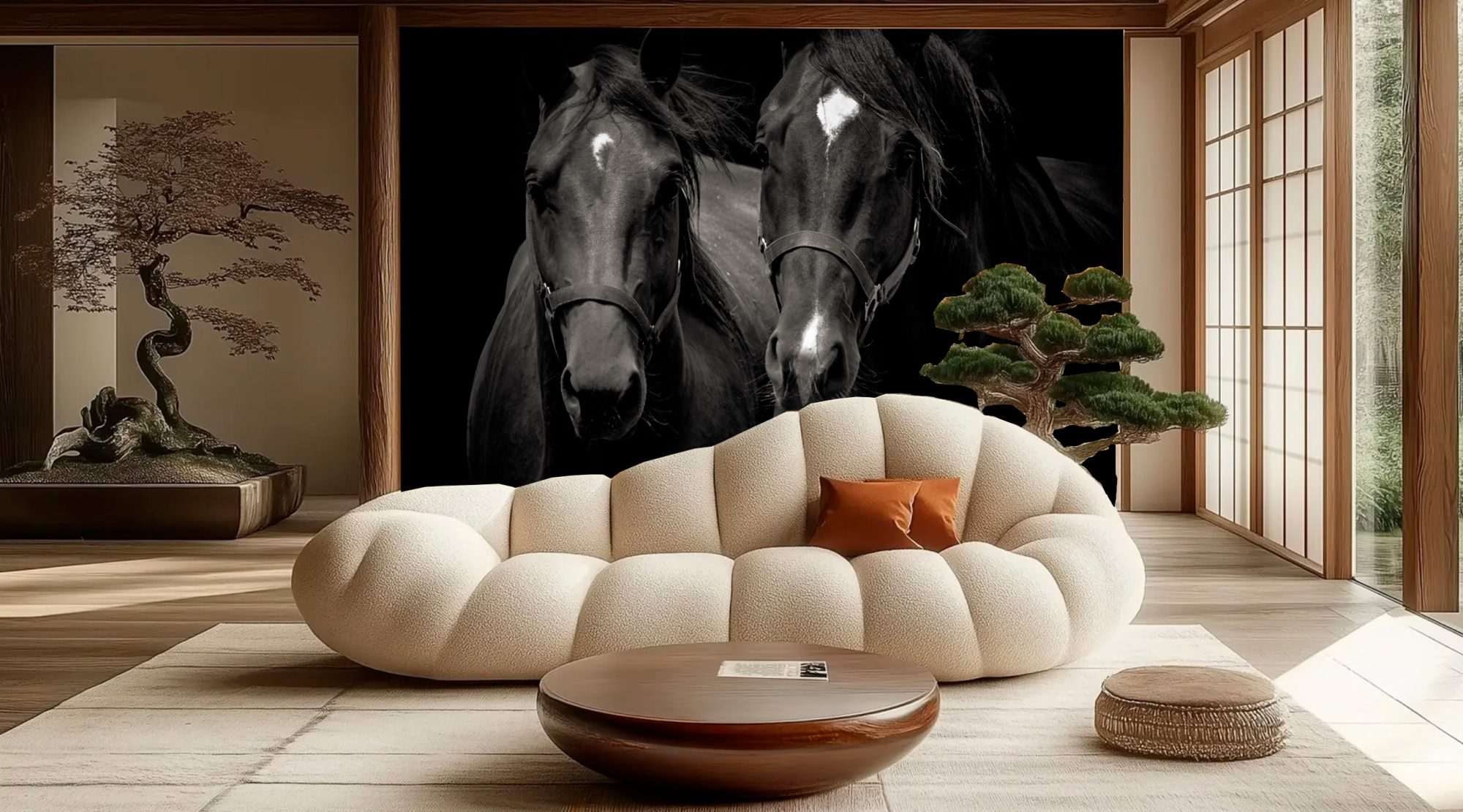 Fotobehang Portret van Twee Zwarte Paarden