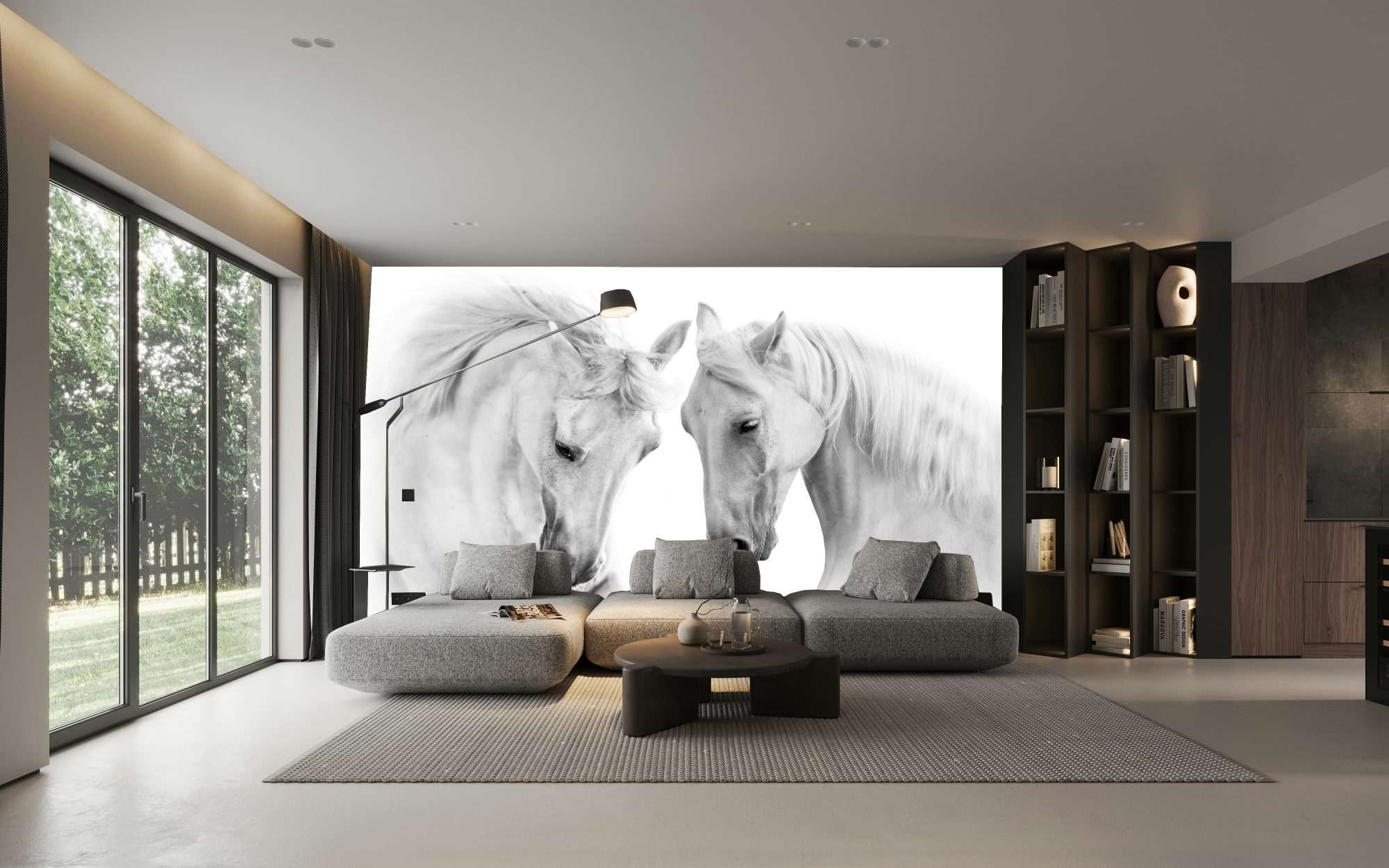 Fotobehang Witte Paarden in Elegante Harmonie