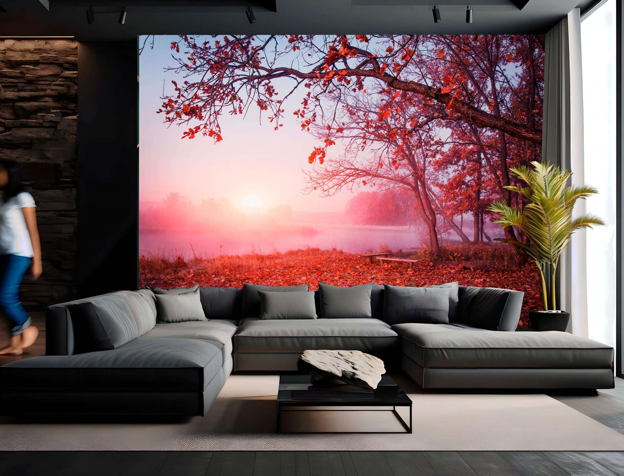 Fotobehang Zonsopkomst langs Bosrand in de Herfst