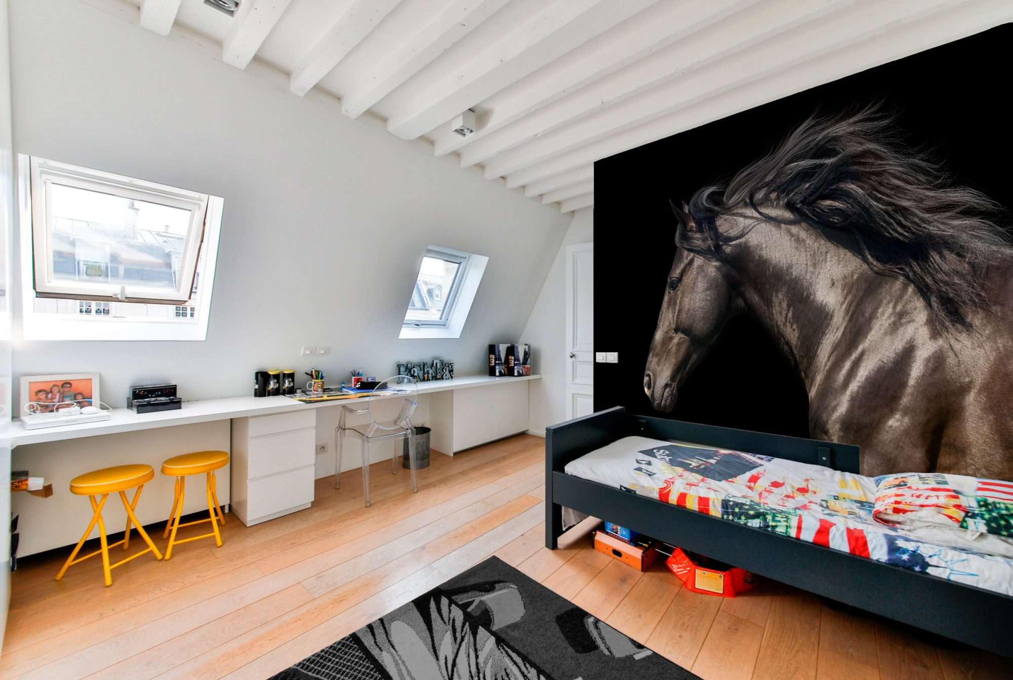 Fotobehang Zwart Paard op Donkere Achtergrond