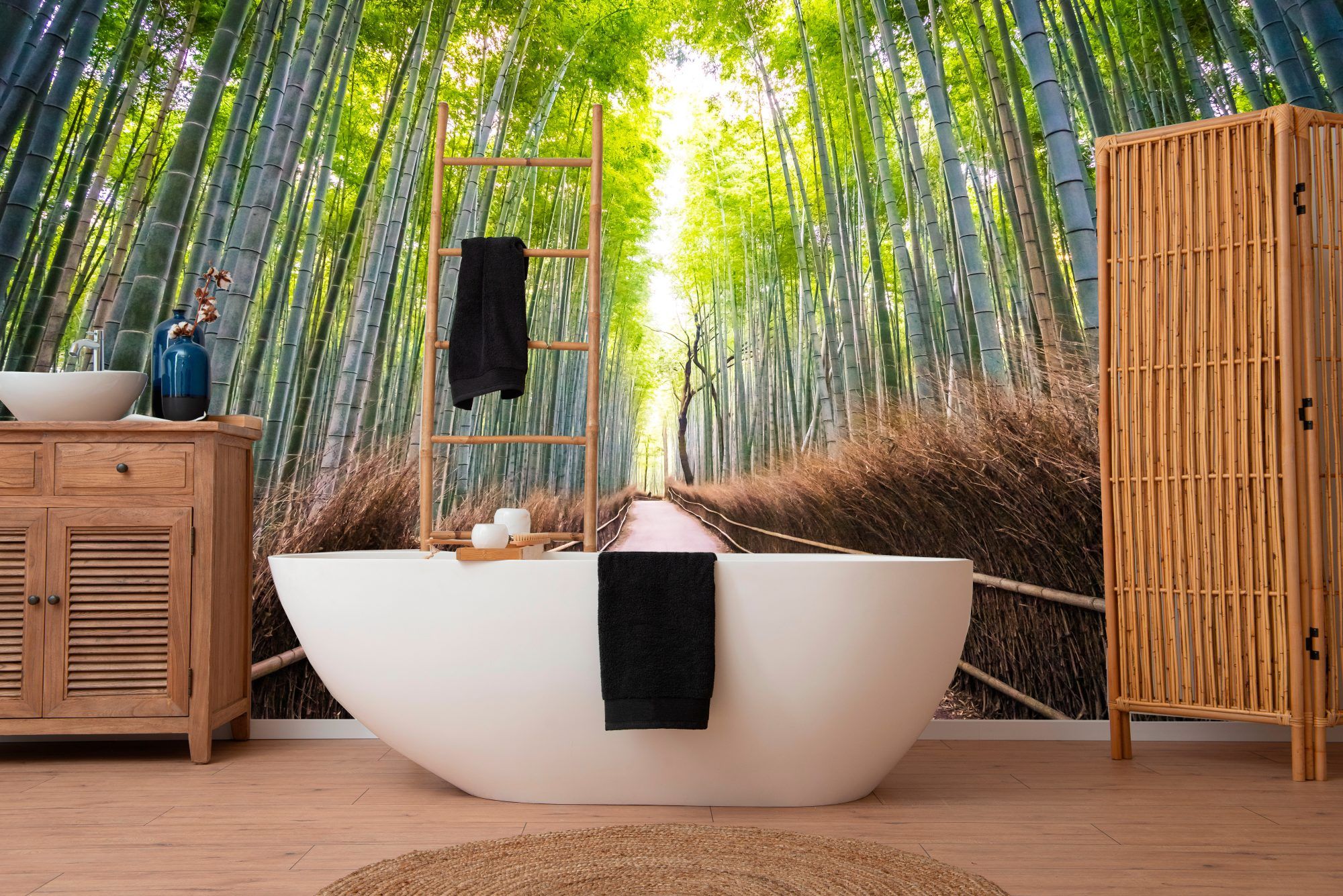 Fotobehang Bamboelaan met Zonlicht in Kyoto