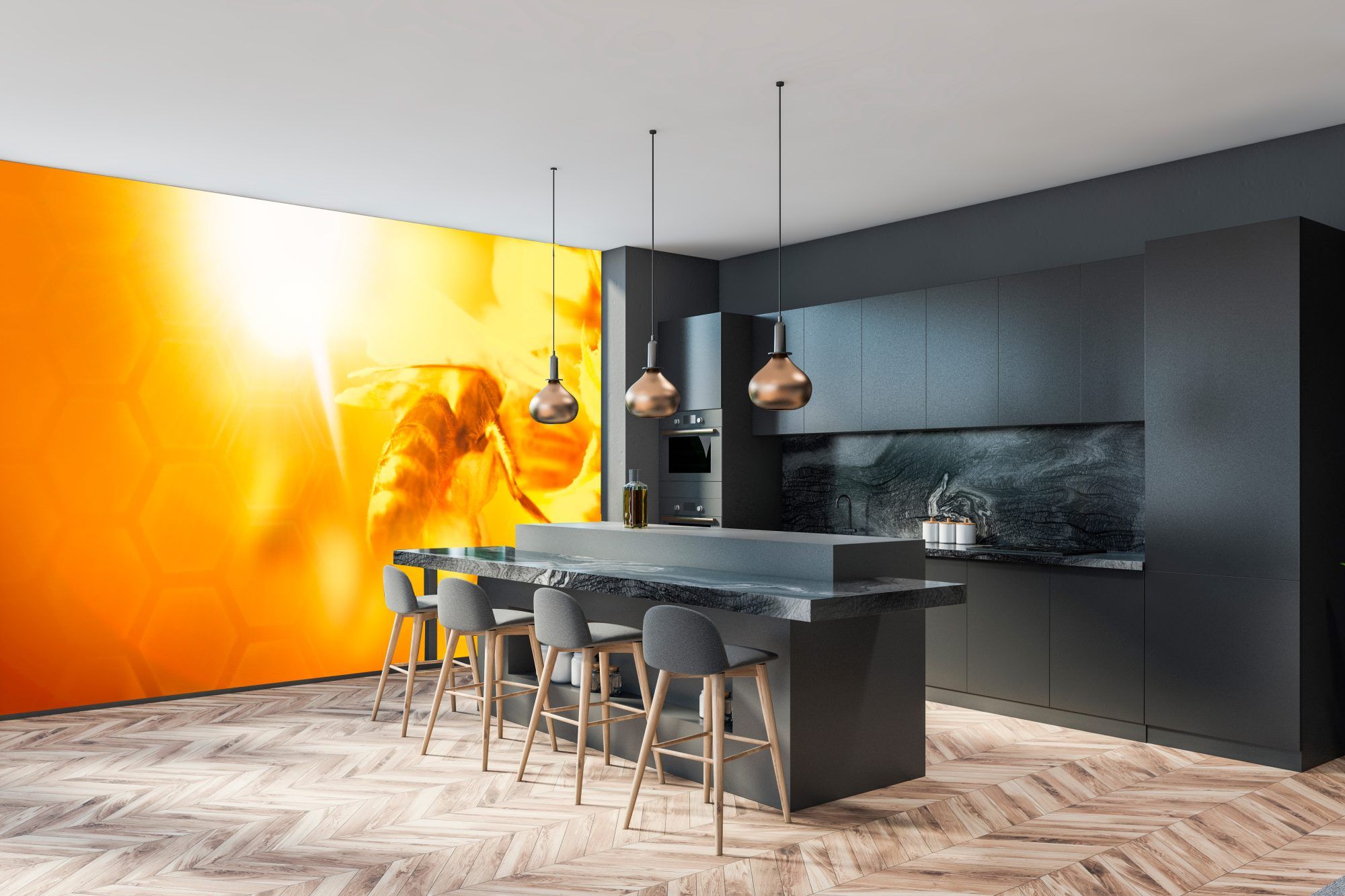 Fotobehang Bij in Gouden Zonlicht