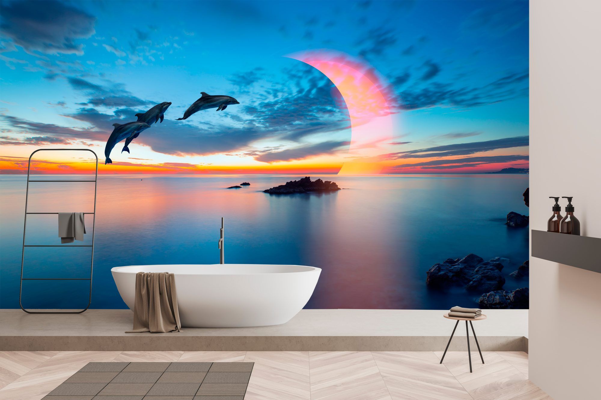 Fotobehang Dolfijnen bij Zonsondergang