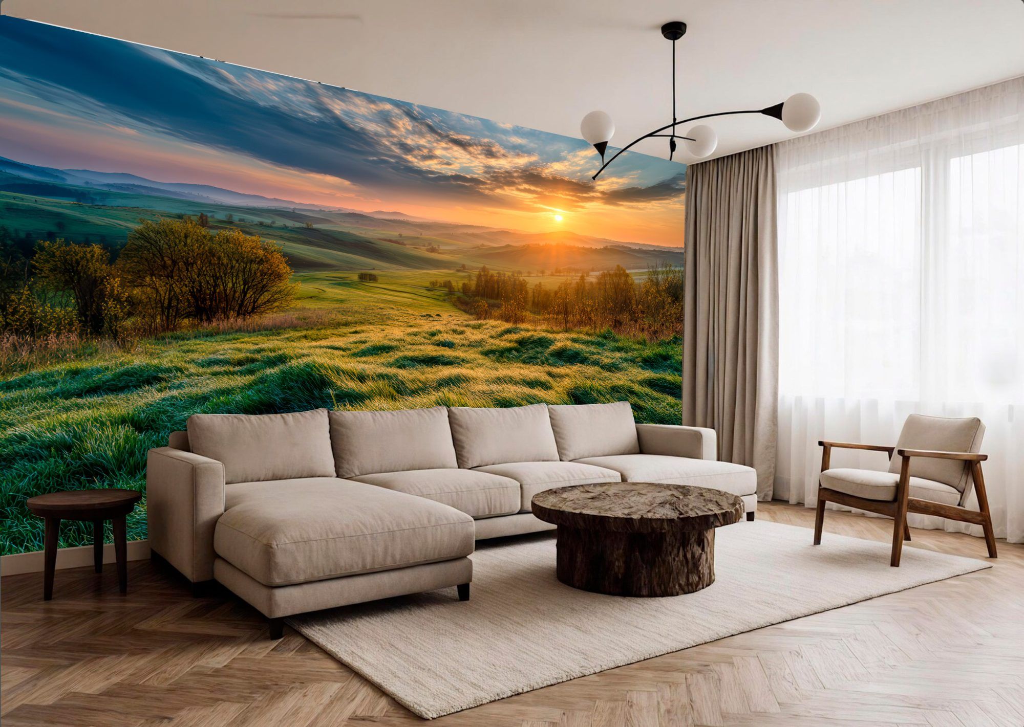 Fotobehang Glooiend Landschap met Zonsopkomst over Groene Heuvels