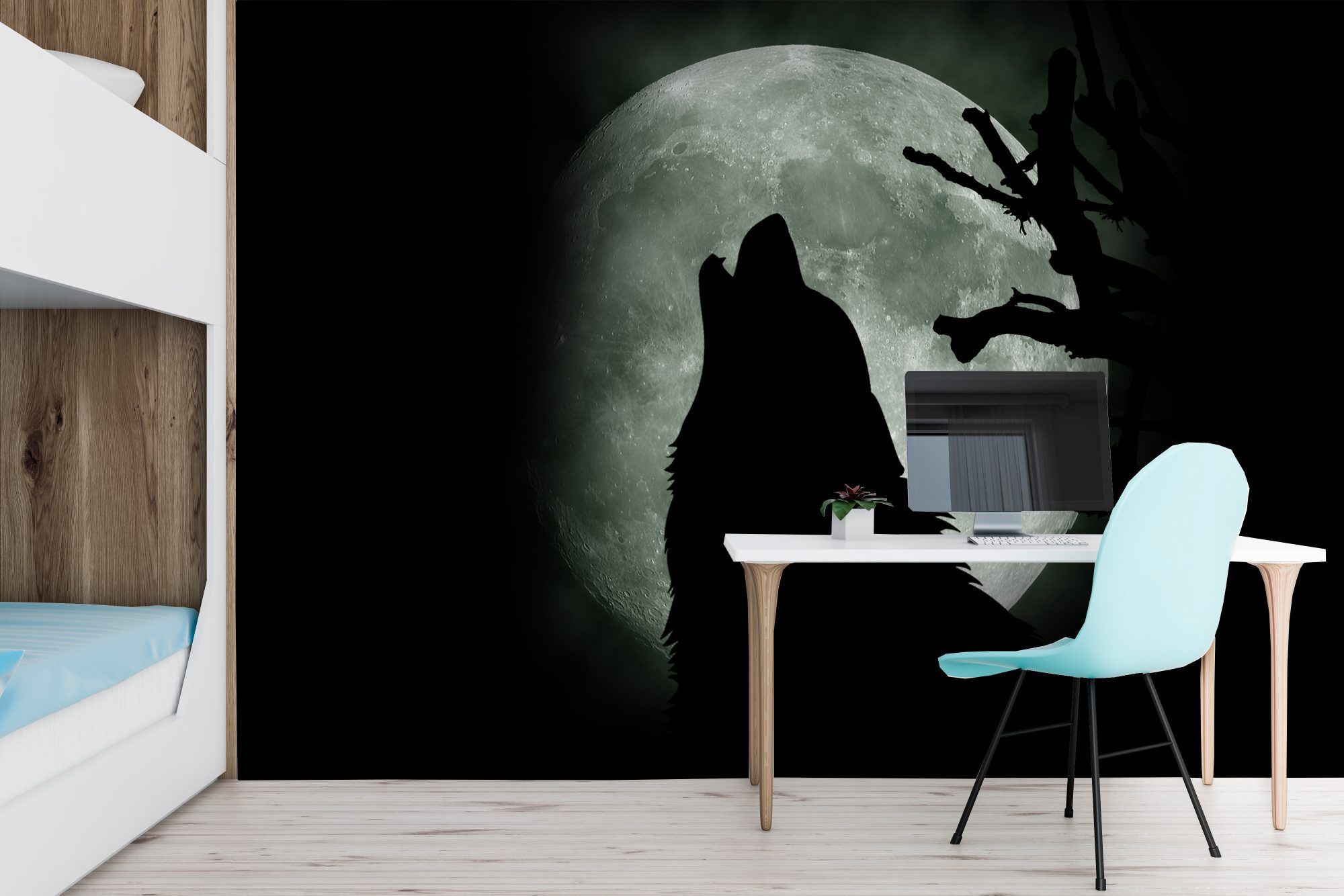 Fotobehang Huilende Wolf bij Volle Maan