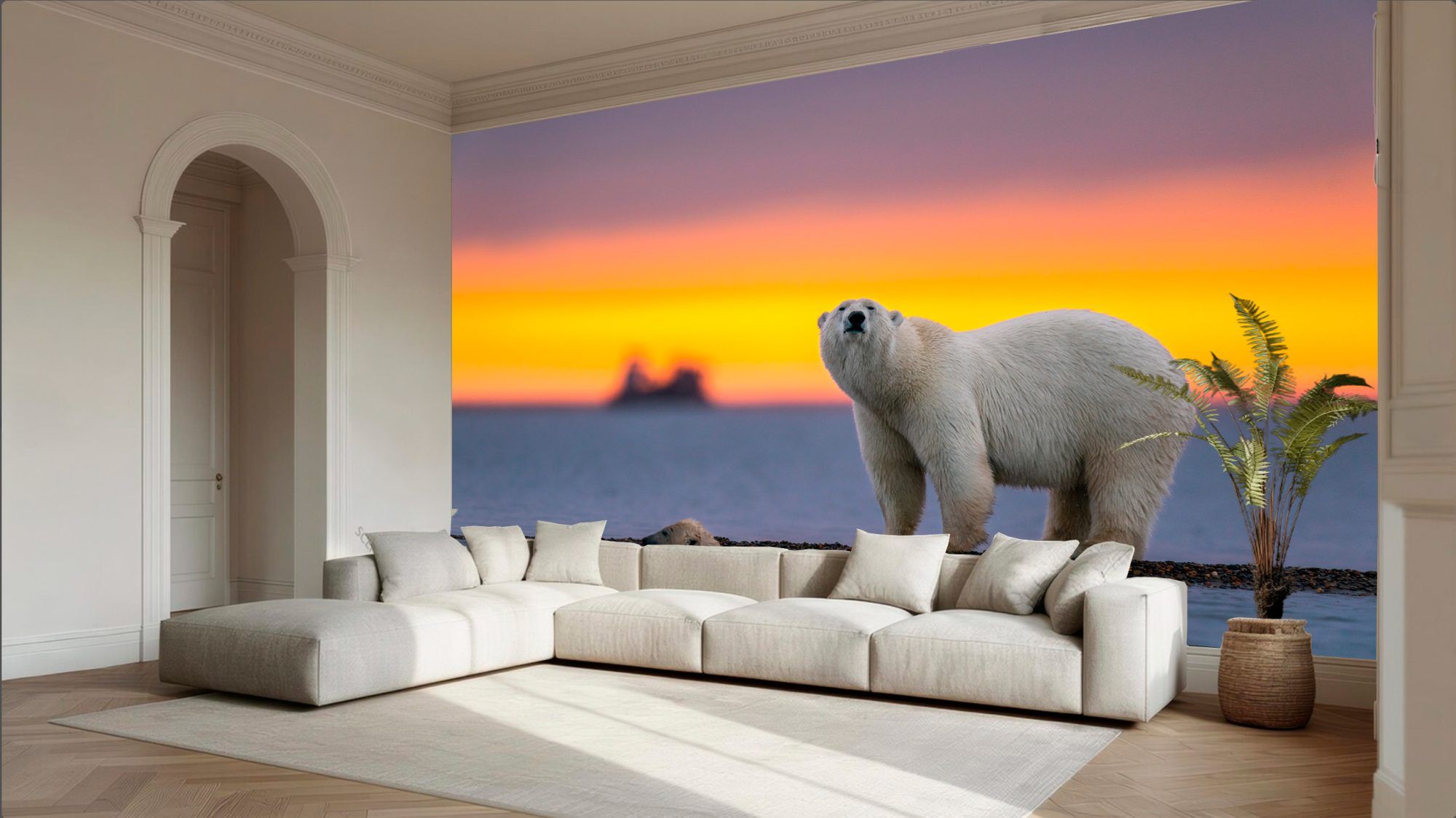 Fotobehang IJsbeer met Jong bij Zonsondergang