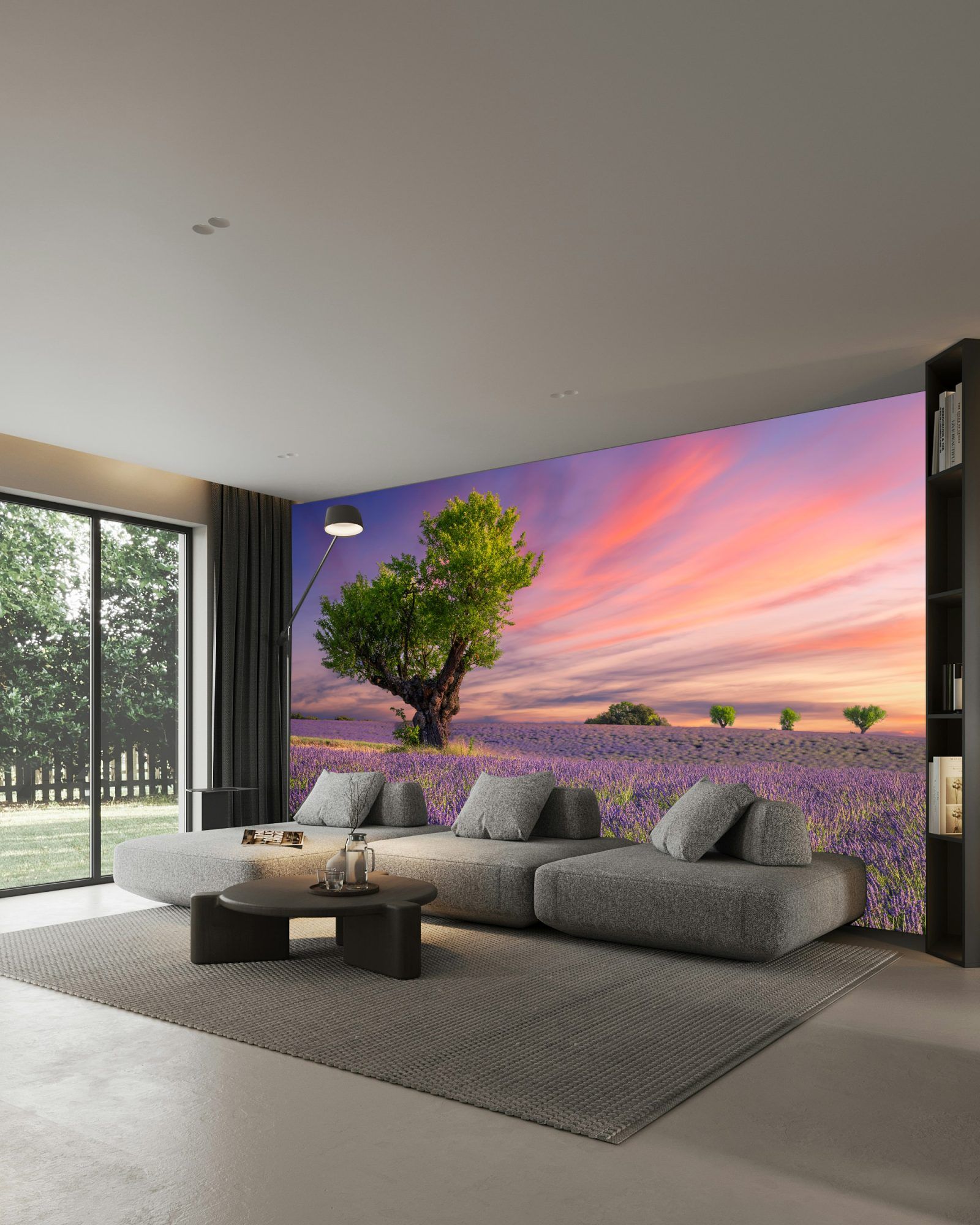 Fotobehang Lavendelveld met Oude Boom bij Zonsondergang