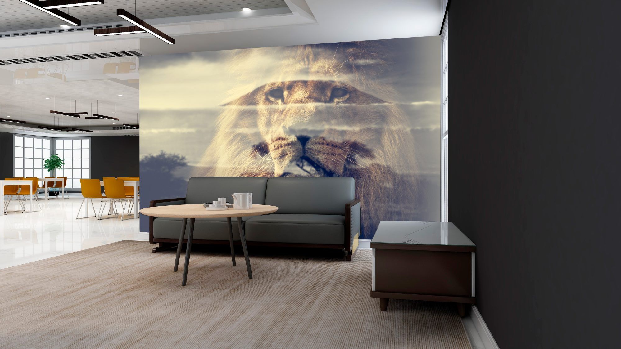 Fotobehang Leeuw met Afrikaans Landschap