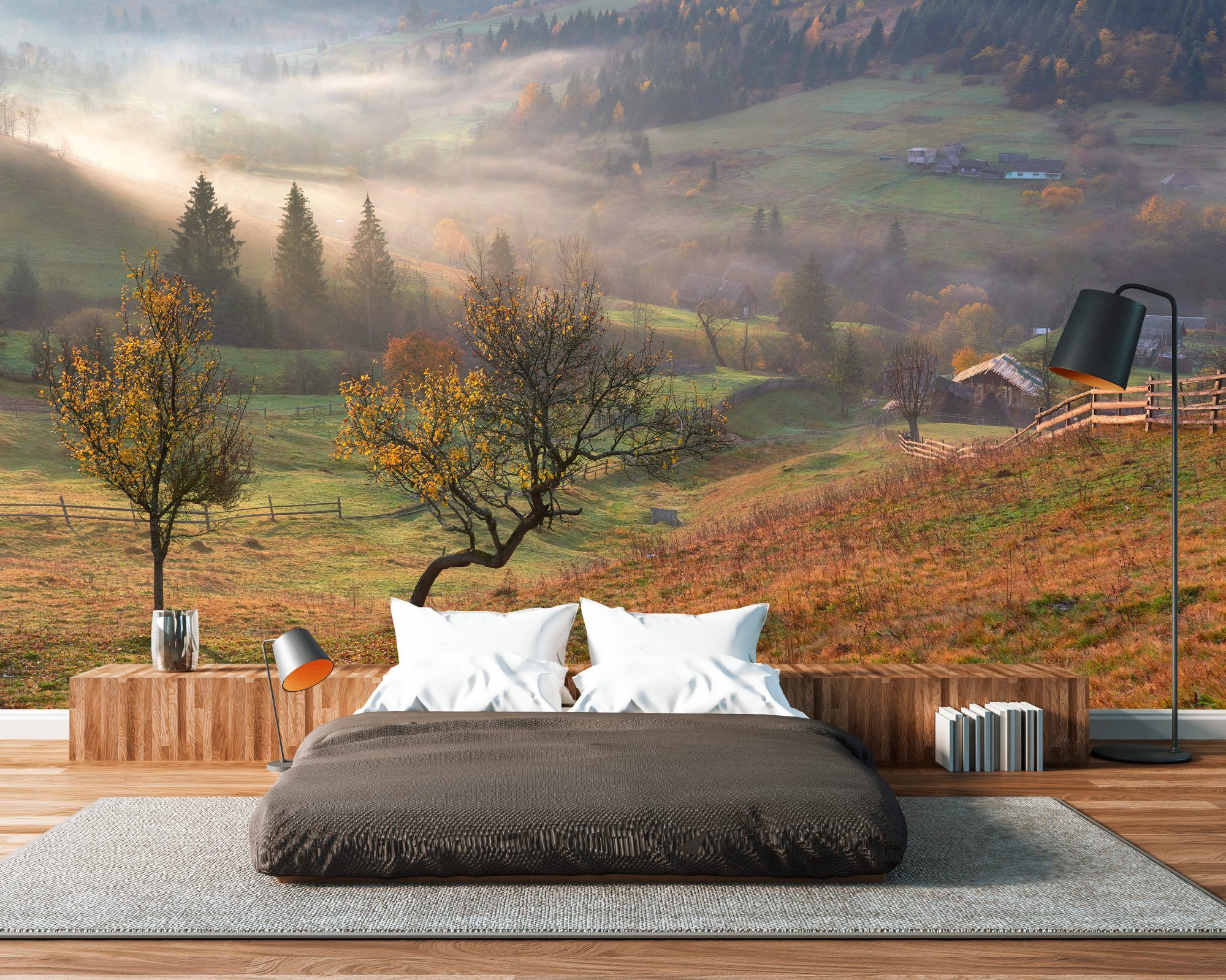 Fotobehang Mistig Berglandschap met Zonnestralen en Herfstkleuren