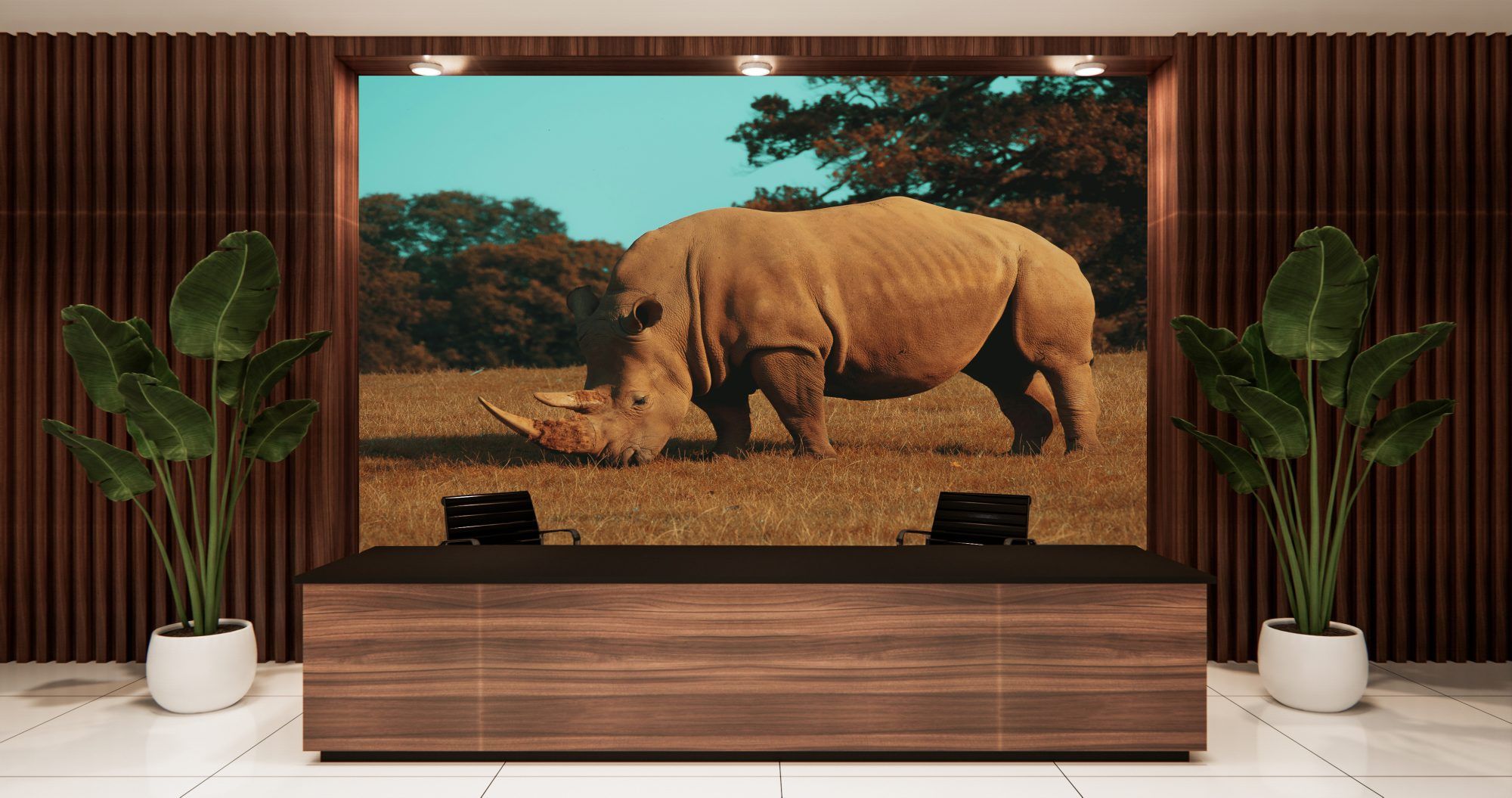 Fotobehang Neushoorn in Warme Savannekleuren