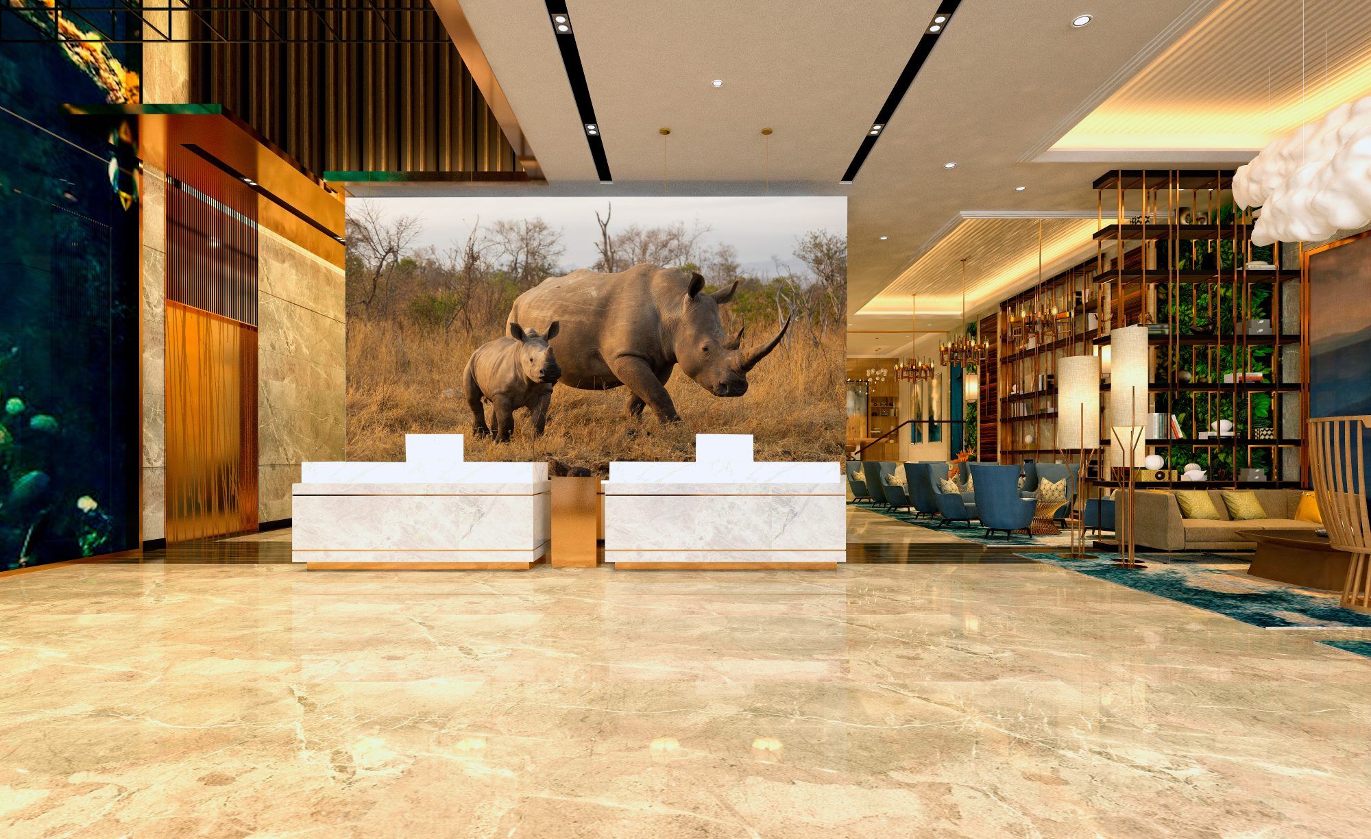 Fotobehang Neushoorn met Jong op de Savanne