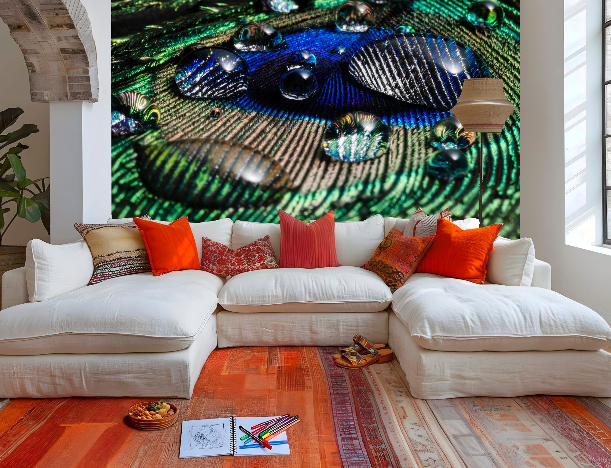 Fotobehang Pauwenveer met Glanzende Waterdruppels