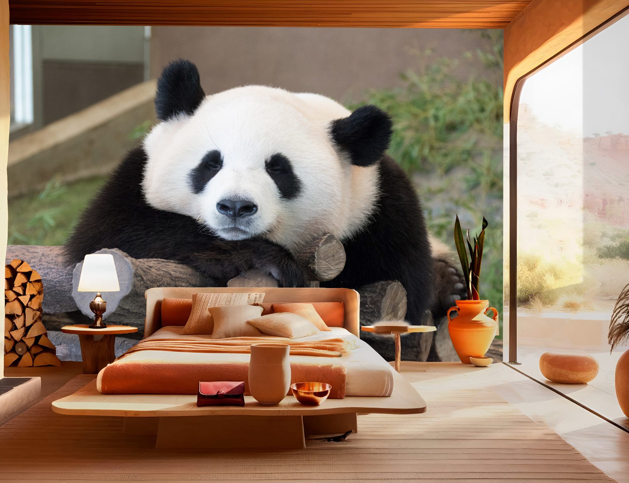 Fotobehang Relaxte Panda op Boomstammen