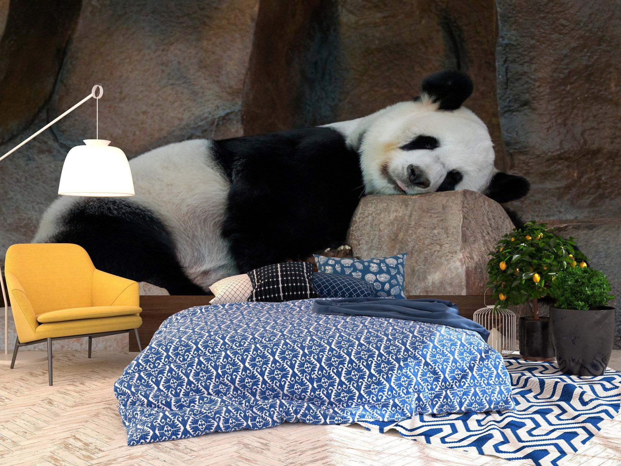 Fotobehang Slapende Panda op de Rotsen