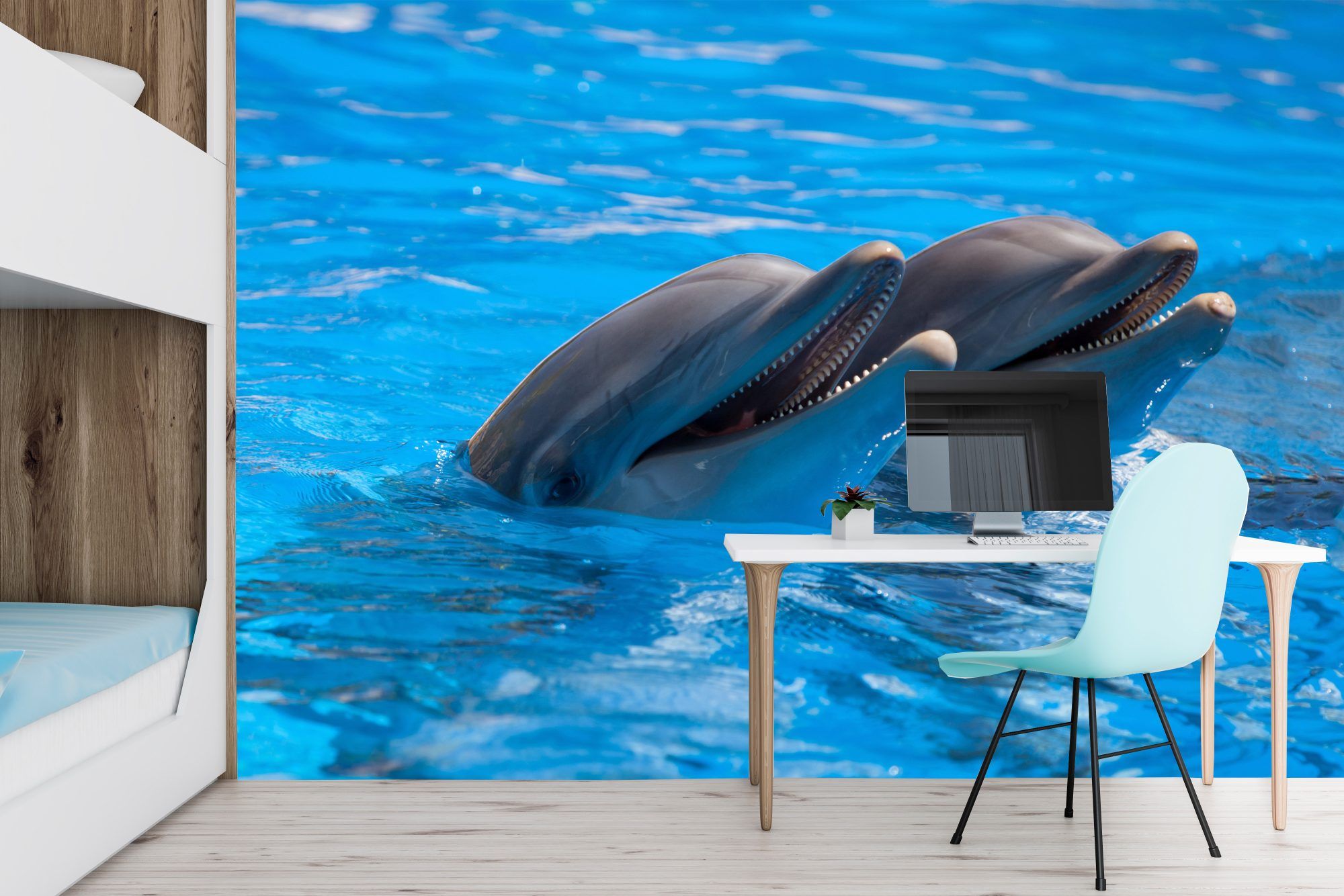 Fotobehang Twee Dolfijnen in Helderblauw Water