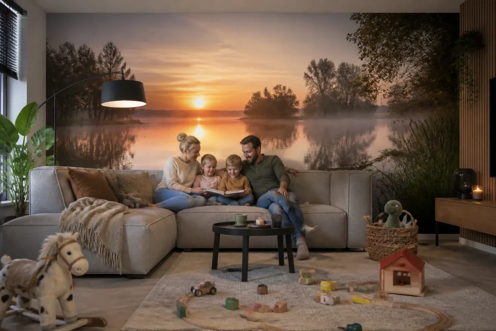 gezin op bank in woonkamer met grote muurvullende foto als fotobehang achter hen