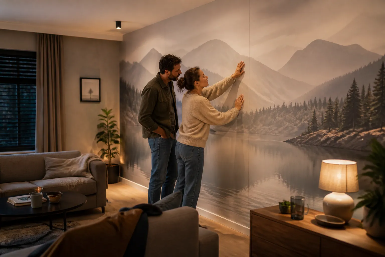 koppel dat in een moderne woonkamerwand het grote fotobehang van dichtbij bekijkt
