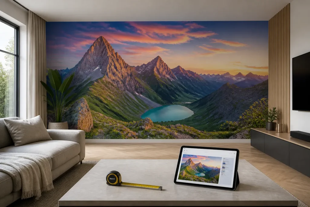 woonkamer met grote wand met berglandschap als fotobehang, op tafel liggen een tablet en een rolmaat