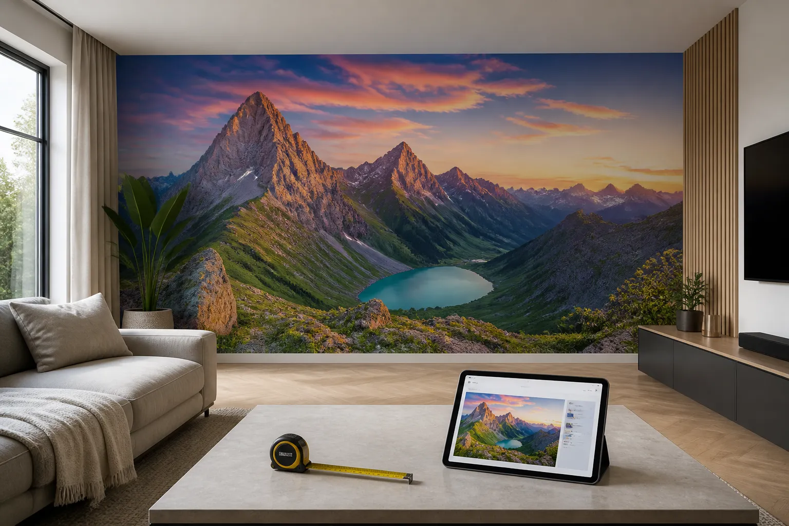 woonkamer met grote wand met berglandschap als fotobehang, op tafel liggen een tablet en een rolmaat