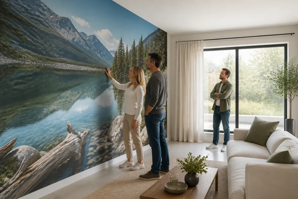 stel bekijkt groot fotobehang op woonkamerwand van dichtbij terwijl derde persoon op afstand de kwaliteit beoordeelt