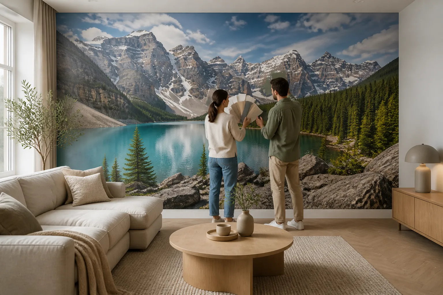 twee mensen in een woonkamer vergelijken kleurstalen met een grote wand met opvallend fotobehang achter de bank